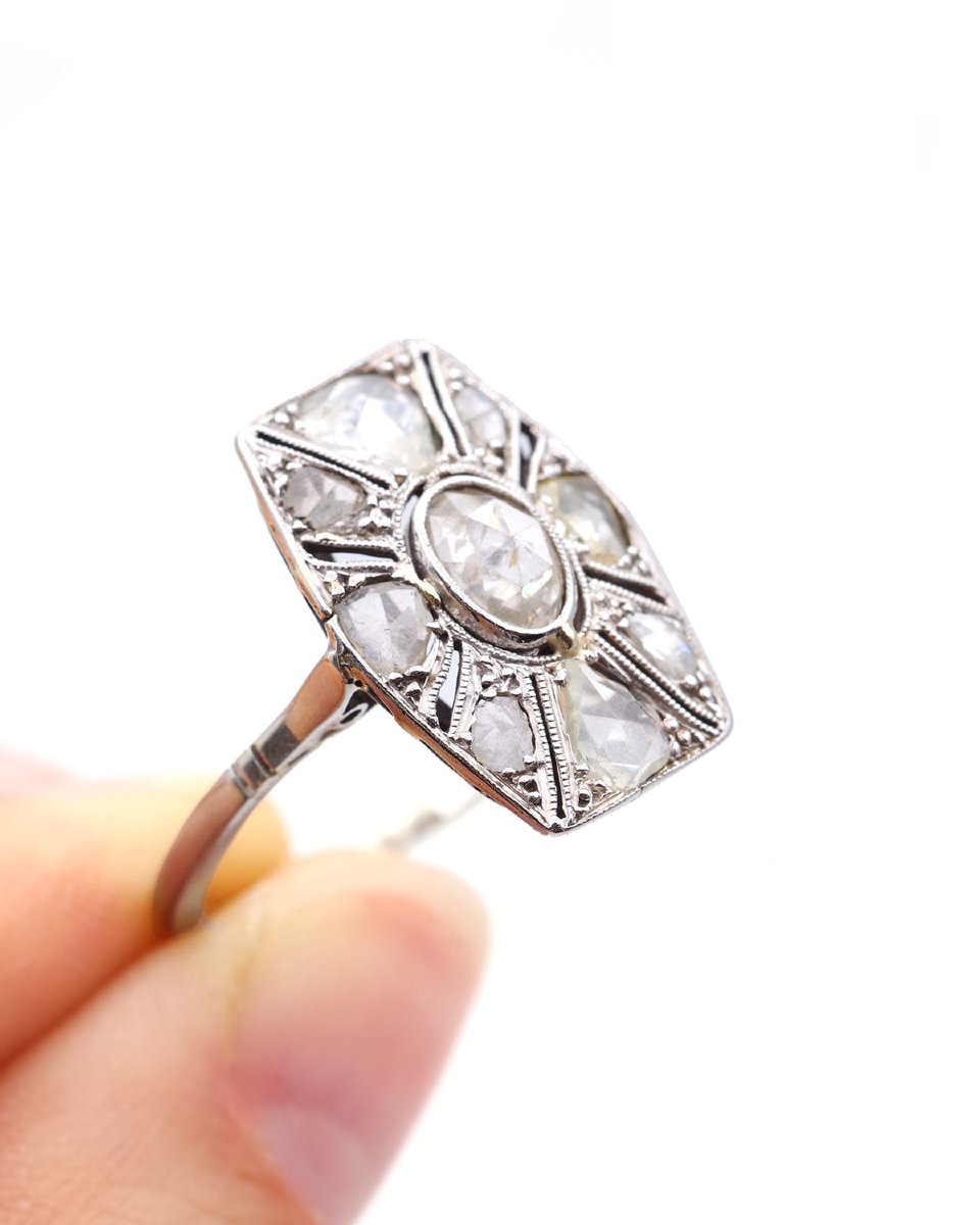 French Art Deco Hexagonal Ring With Rose-cut Diamonds In 18k Gold And Platinum, Circa 1930 -photo-2