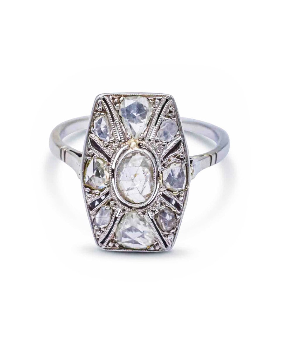 French Art Deco Hexagonal Ring With Rose-cut Diamonds In 18k Gold And Platinum, Circa 1930 