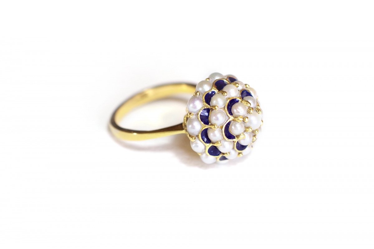 Retro Dome Pearl Ring In 18k Gold, Italian Antique Ring -photo-2