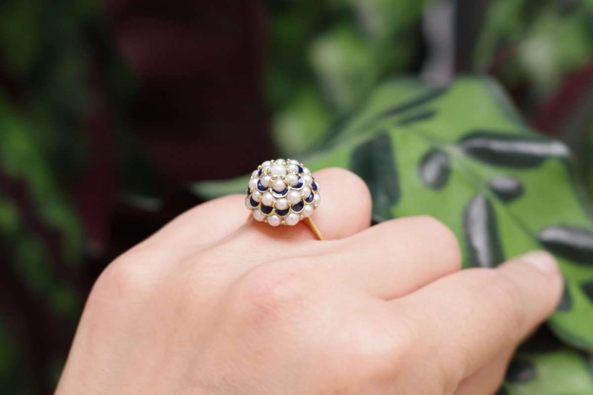 Retro Dome Pearl Ring In 18k Gold, Italian Antique Ring -photo-3