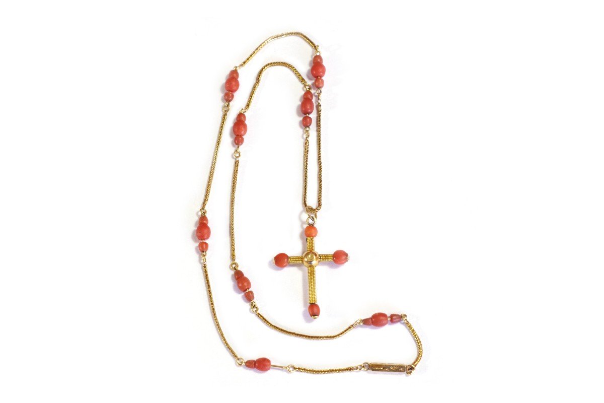Antique Coral Cross Gold Necklace, Victorian Christian Necklace 18k Gold, Religious Cross From Mediterranean Region -photo-2