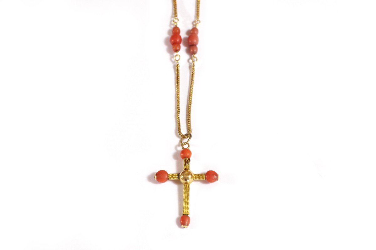 Antique Coral Cross Gold Necklace, Victorian Christian Necklace 18k Gold, Religious Cross From Mediterranean Region -photo-4