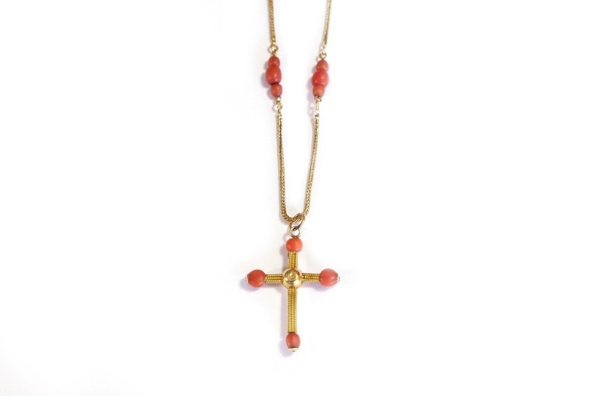 Antique Coral Cross Gold Necklace, Victorian Christian Necklace 18k Gold, Religious Cross From Mediterranean Region -photo-2