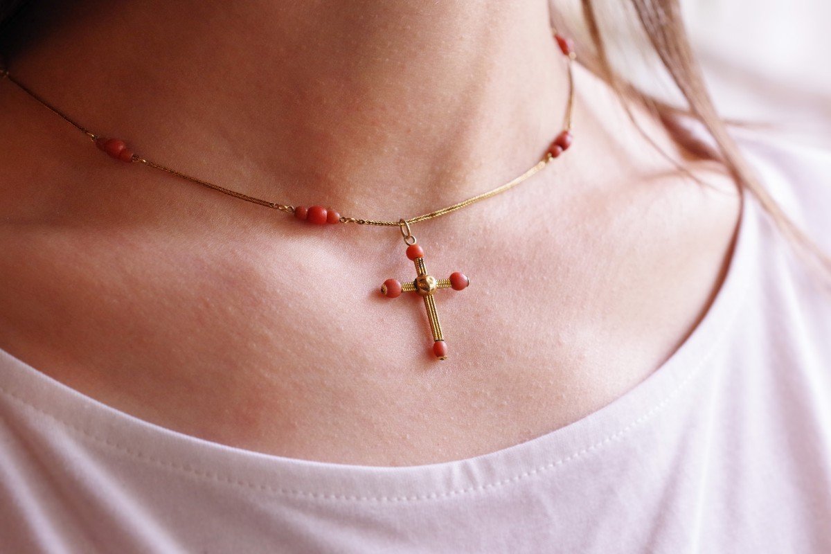 Antique Coral Cross Gold Necklace, Victorian Christian Necklace 18k Gold, Religious Cross From Mediterranean Region -photo-3