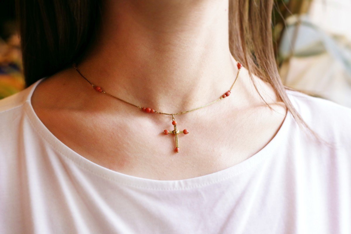 Antique Coral Cross Gold Necklace, Victorian Christian Necklace 18k Gold, Religious Cross From Mediterranean Region 
