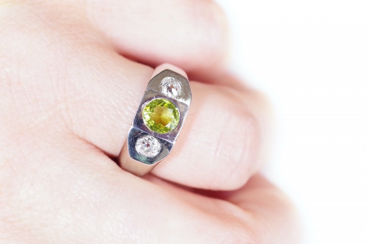 Bague Chevaliere Tourmaline Diamants En Or Blanc 18 Karats, Verdelite, Bijou d'Occasion France 