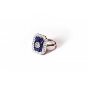 Art Deco Style Sapphire Diamond Ring In White Gold 18 Karats, Wedding Ring, Vintage Jewelry