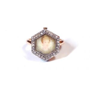 Georgian Diamond Portrait Ring In Rose Gold 18 Karats And Silver, Convertible Ring