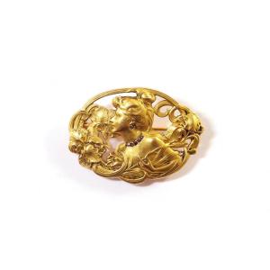 Broche Art Nouveau Femme En Or 18k, Diamant Taille Rose, Profil De Femme, Iris, Fleurs