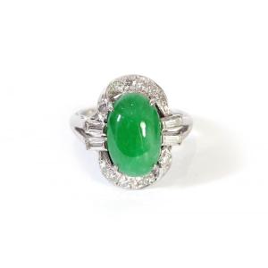 Bague Art Deco Jade Diamants En Or Blanc 14k, Bague Jade Cabochon, Diamants Baguette