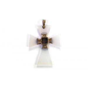 Georgian Maltese Cross Chalcedony Pendant In 14k, Reliquary Cross, White Chalcedony, Gold Cross