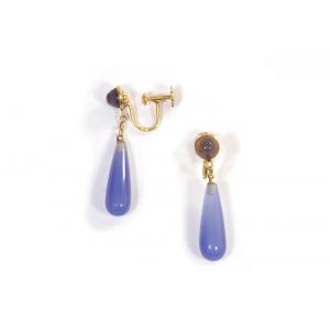 Boucles D’oreille Calcédoine Bleue En Or 18k, Clips d'Oreille, Pendants d'Oreille