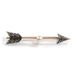 Edwardian Diamond Pearl Arrow Brooch In 18k Gold, Silver, Rose Cut Diamond, Natural Pearl