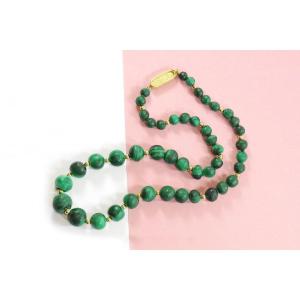 1970's Malachite Pearl Necklace With 9k Gold Clasp, Vintage Beads Necklace, Green Pearls
