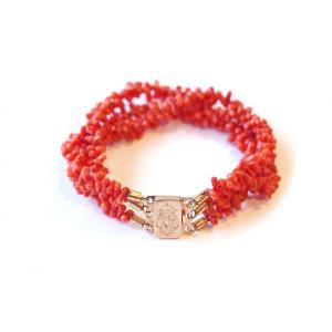 Antique Coral Bracelet And Clasp In 18k Gold, Gold Clasp, Victorian Rows Coral Bracelet