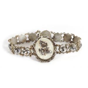 Antique Flower Cut Steel Bracelet With Circular Faceted Steel Links, Flower, Mother Of Pearl