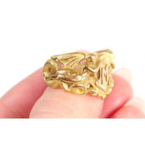 Art Nouveau Mc Signet Ring In 18k Gold, Angel, Demon, Snake, Bible Ring, Mythology, Signet Ring