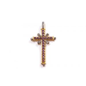 Grande Croix Religieuse Améthystes En Or 18k, Pendentif Croix Chrétienne, Améthystes