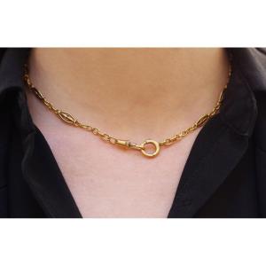 Gold Watch Chain Necklace In 18 Gold, Antique Watch Chain, Oval Links, Round Mesh, Chocker