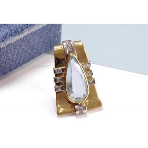 Aquamarine Clip Brooch In 18k Gold And Platinum, Retro Aquamarine Brooch, Rose Cut Diamonds