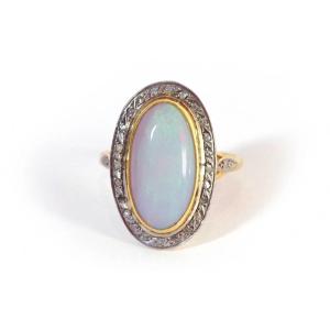 Bague Ancienne Opale Diamants En Or 18k Et Platine, Opale Arlequin, Diamants Taille Rose