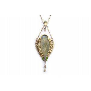 Collier Art Nouveau Iris Nénuphars En Or 18k, Diamants Taille Rose, Perles Fines