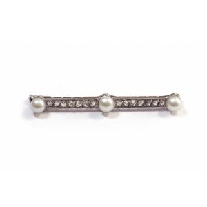 Broche Art Deco Diamants Perles En Platine Et Or Blanc 18k, Broche Barrette Ancienne
