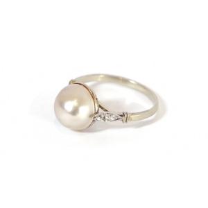Art Deco Pearl Ring In 18k Gold, Old Cut Diamond, Antique Ring, Mabe Pearl, White Ring