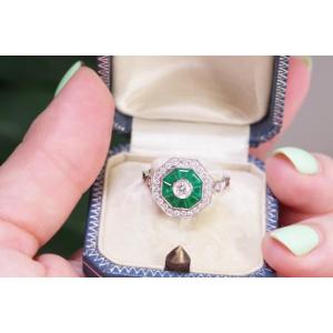 Art Deco Style Emerald Diamond Ring In 18k Gold, Wedding Ring, Bridal Ring, Art Deco Style