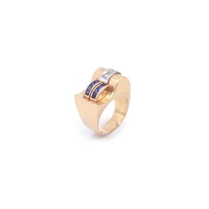 Tank Sapphire Diamond Ring In 18k Gold, Retro Tank Ring, Sapphire, Diamond Ring