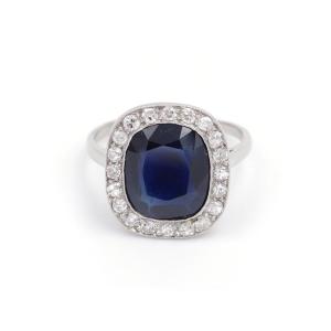 Bague Art Deco Saphir Diamants En Platine, Bague Ancienne, Bijou Art Deco