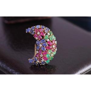 Art Deco Tutti Frutti Clip Brooch In Platinum And Gold, Crescent Moon, Sapphire, Ruby, Emerald
