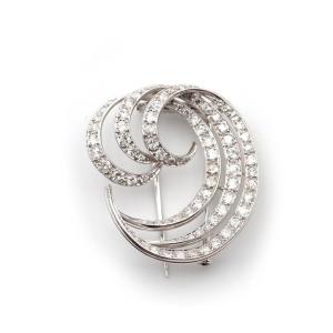 Broche Volutes Diamants En Platine Et Or 18k, Broche Vague, Broche Plume
