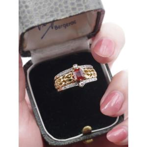 Bague Art Nouveau Gui Grenat En Or 18k Et Platine, Grenat Hessonite Et Diamant, Bague Bandeau