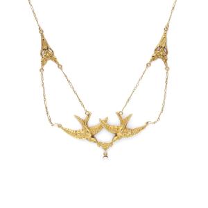 Collier Hirondelles Art Nouveau En Or 18k, Couple d'Oiseaux, Perle Fine, Fleur, Bijou Ancien 
