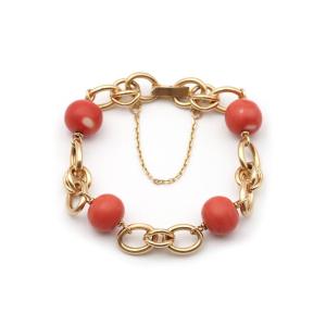 Bracelet perles de corail en or jaune 18k, bracelet années 60, 70, mailles ovales fantaisies