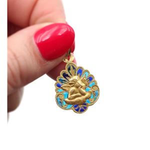 Art Nouveau French 18k Plique-a-jour Blue Enamel Angel Medal, Raphael Angel Pendant