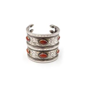 Bracelet manchette Turkmène en argent massif, cornaline, bracelet Ethnique, Turkménistan