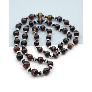 Sautoir ancien agate rubanée, fermoir en or 14k, collier de deuil, agate noire, onyx