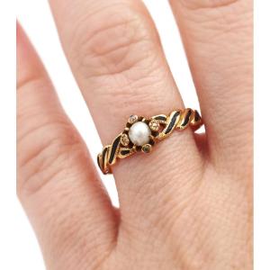 Bague perle émail noir et diamants en or 18k, Bague Napoléon III, perle fine, diamants