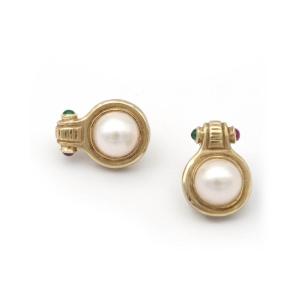 Clous d'oreille perle, rubis et chrysoprase en or mat 14k, boucles d'oreille fashion, vintage