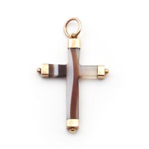 Pendentif croix agate rubanée en or 18k, croix religieuse noire et marron, bijou ancien