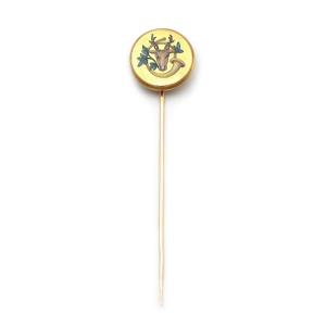 Edwardian Deer Tie Pin In 18k Gold Enamel, Antique Tie Pin For Hunters, Hunting Horn