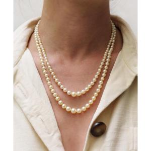 Pearls Double Strand Necklace With 18k White Gold Clasp, Cultured Pearls, Retro Necklace