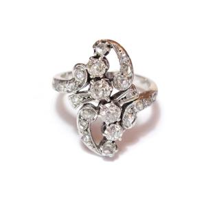 Bague marquise Belle epoque, diamants en or 18k et platine, bague ancienne, circa 1900