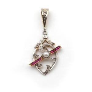 Pendentif Belle Époque cœur en or 14k et platine, perle, rubis, bijou ancien 