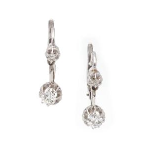 Dormeuses diamants 0.40 ct en or blanc 18k, boucles d'oreille Art Deco, bijou ancien