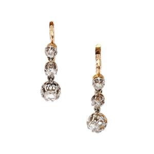 Edwardian 0.36 Ct Diamond Earrings In 18k Gold And Platinum, Three Diamond Earrings
