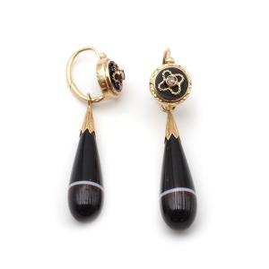 Victorian Sardonyx Long Earrings In 18k Gold, Black Earrings, Mourning Long Earrings