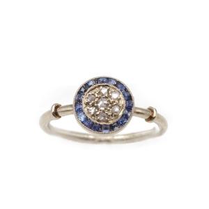 Art Deco Circular Sapphire Ring in 18k White Gold And Platinum, Round Art Ring